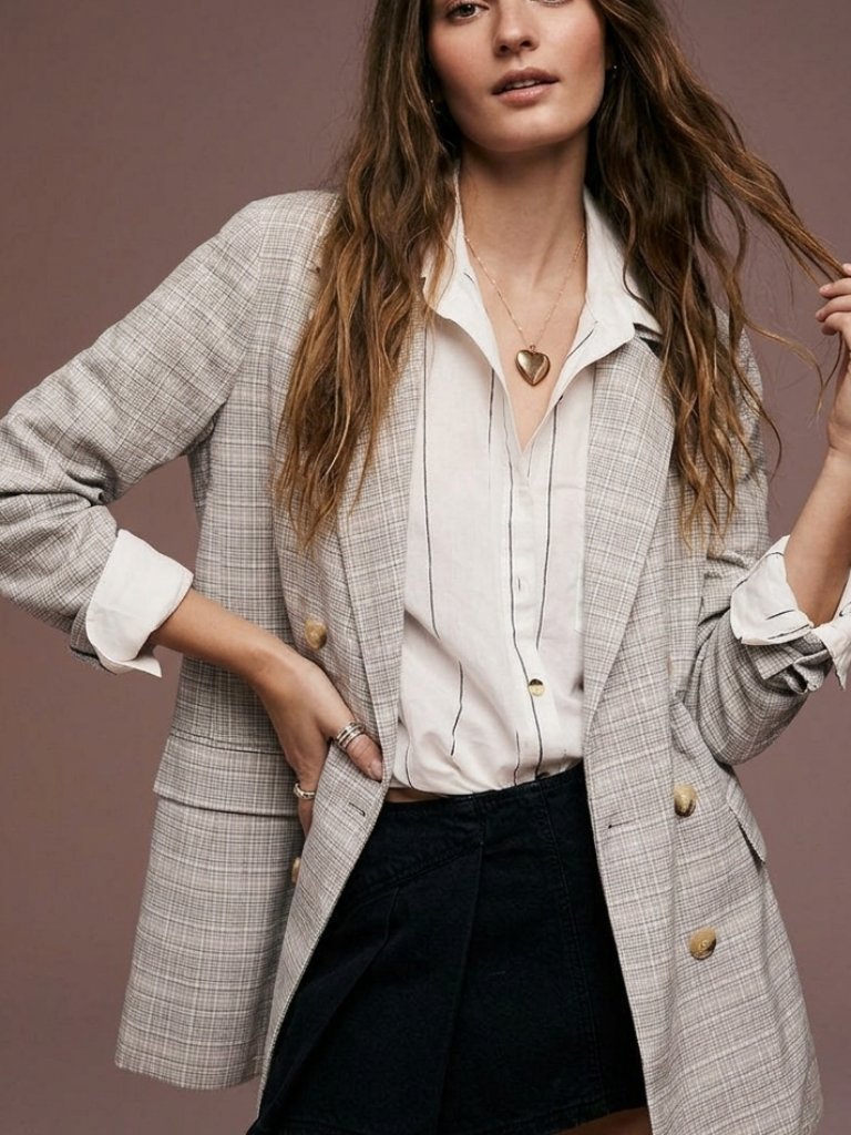 Free People Olivia Plaid Blazer Double Breasted Tie Waist Coat Jacket M Oversize